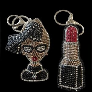 Stylish Lady and Lipstick Rhinestone Bag Charm Keychain Set - Black and Red